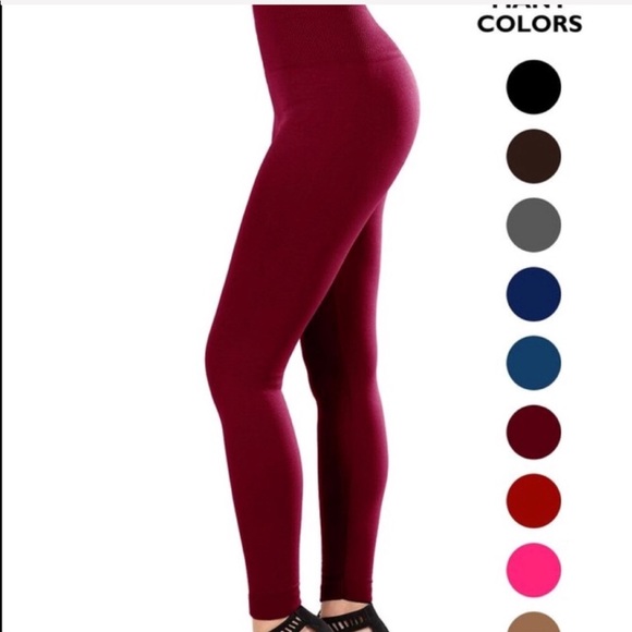 << Burgundy High Waist Fleece Leggings >> - Picture 3 of 3